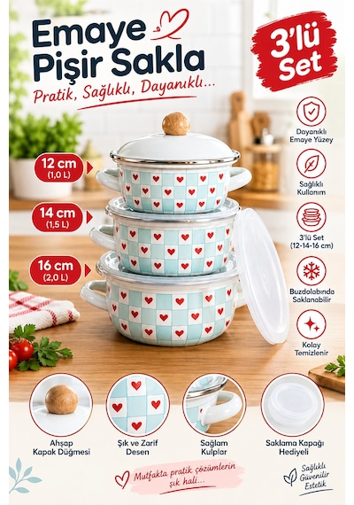 Kalpli 3lü Pişir & Sakla Emaye Tencere Seti 12-14-16 Cm Mavi Alv038