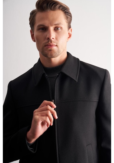 İmza Siyah Berberi Yaka Tam Astar Classic Slim Fit Esnek Kaşe Mont 1007255121 Siyah