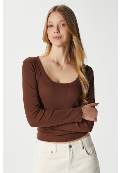 Ritnice Kadın Anita Tok Doku Pamuklu Fittili Kahverengi Basic Bluz Kahverengi