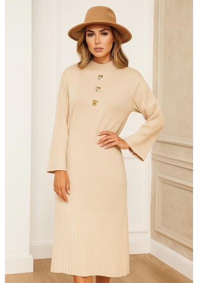 Onno Style Women Triko 3 Düğme Elbise Krem