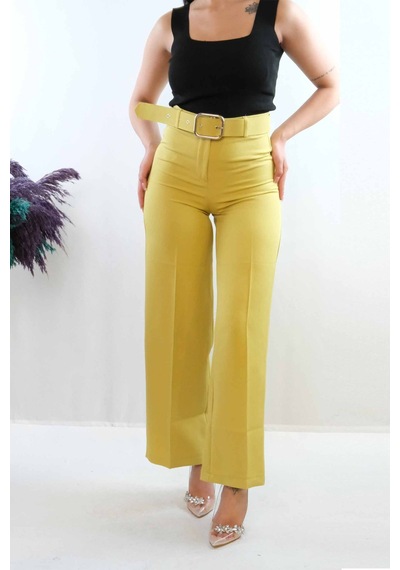 2k Moda Çizgi Kemerli Pantolon Yağ Yeşili 001