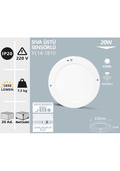 20w Sıva Üstü Sensörlü Beyaz Led Panel Yl14-1810 Beyaz