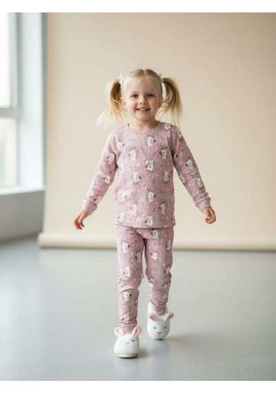 Kız Çocuk Pamuklu Baskılı Pijama Takımı-16834 Mor