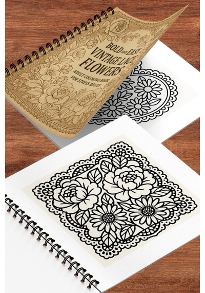 Vintage Dantel Ve Çiçekler Bold And Easy 20x20 Cm Büyük Boyama Kitabı Çocuklar Yetişkinler