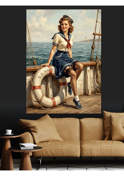 Gemide Can Simidiyle Oturan Pin-up Dekoratif Kanvas - Mdf Ahşap Tablo