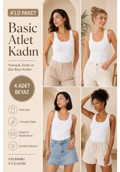 Loule Kadın 4'lü Kalın Askılı Atlet Beyaz Bambu