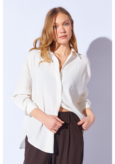 Manche Gofre Oversize Rahat Kesim Kadın Gömlek Beyaz Mks161103-01