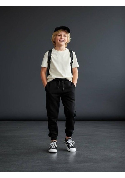 Zekids Erkek Çocuk Pamuklu Beli Paçası Lastikli Eşofman Alt-16637 Siyah