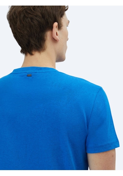 Kip Saks Düz Bisiklet Yaka Pamuk Karışımlı T-shirt Saks