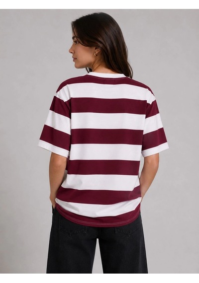 Novalisse Kadın Çizgili Oversize Tişört Bisiklet Yaka Kısa Kol Yazlık T-shirt - Bordo Çoklu Renk