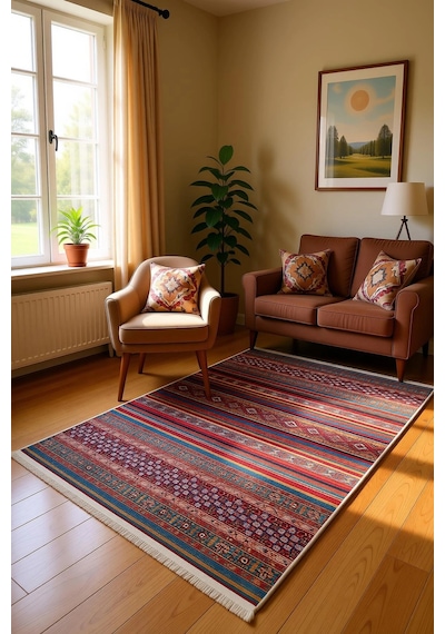 Blghome Renkli Çizgiler Modern Halı Dekoratif Kilim Kırmızı