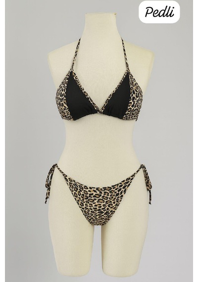 Moda Dua Kadın Siyah Ve Leopar Detaylı Yandan Bağlamalı Bikini Takımı