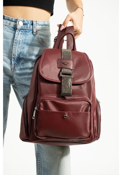 Baginn Saten Kumaş Kadın Sırt Çantası 33 23 Cm Yağmur İtici Kumaş Mega Bag Kapaklı Taşlı Model Bordo