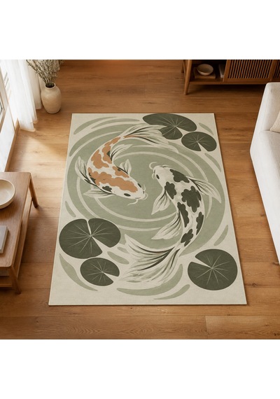 Kartela Halı Koi Balığı Desenli Halı Adaçayı Yeşili Kaymaz Taban Makinede Yıkanabilir 120x180 Cm