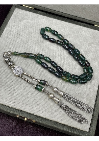 Alpaka Tuğralı Asansör Püsküllü Koyu Yeşil Sıkma Kehribar Tesbih 7x11 Mm