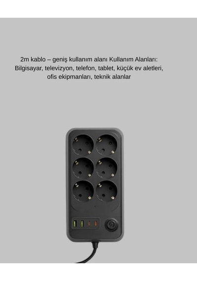 Akım Korumalı 6 Lı Priz 2xusb 2xtype-c Çıkış Yüksek Gerilim Koruma Çoklu Priz Çoğaltıcı 1
