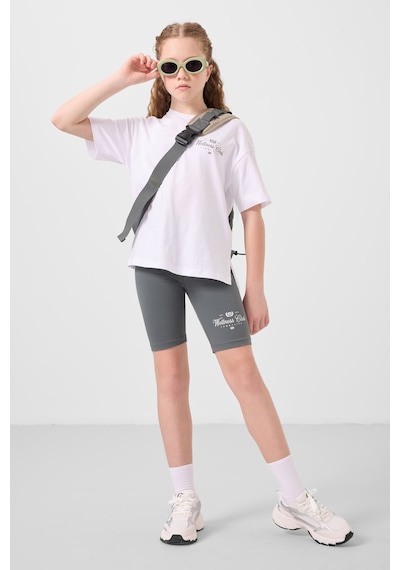 Tommylife Beyaz-haki Pamuklu O Yaka Standart Fit Baskılı Kız Çocuk Tayt Takım - 75190 Beyaz