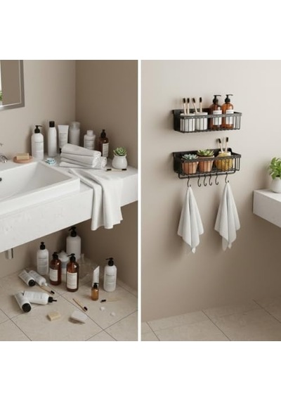 Yapışkanlı Plastik Siyah Banyo Ve Mutfak Rafı Su Tahliyeli Duş Organizeri, Askılı Düzenleyici 2'li Set Diğer