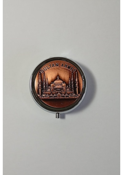 Mini Taşınabilir Cep Küllüğü - Mini Cep Küllüğü - Çanta Küllüğü 5cm - Sultanahmet Desenli Kapaklı Metal Mini Kül Tabağı Bakır Rengi
