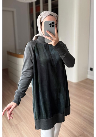 Kahijab Yan Fermuarlı Desenli Boğazlı Merserize Tunik - Haki