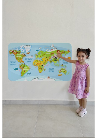 Eğitici Dünya Haritası Dünya Atlası Çocuk Ve Bebek Odası Duvar Sticker-85x130-3778 Çok Renkli
