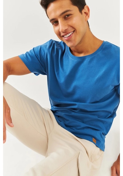 Erkek Oversize Rahat %100 Pamuklu Penye Bisiklet Yaka Kısa Kol Basic T-shirt Classic Collection Mavi