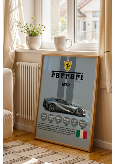 Ferrari 812 Mavi V12 Premium Süper Araba Tablosu - Teknik Özellikli İtalyan Otomobil Duvar Dekoru Kayın Ferrari 812 Mavi V12 Premium Süper Araba Tablosu - Teknik Özellikli İtalyan Otomobil Duvar Dekoru Kayın