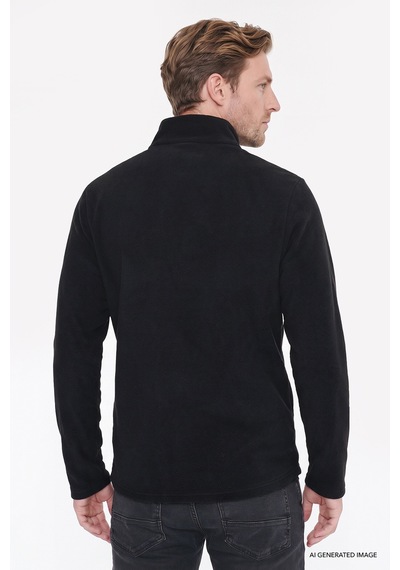 Ac&Co / Altınyıldız Classics Erkek Sıyah Sıcak Tutan Standart Fit Normal Kesim Bato Yaka Çift Fleto Cepli Sweatshirt Polar Siyah