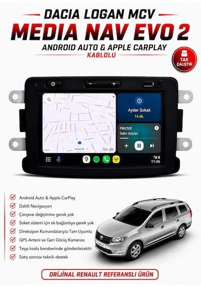 Dacia Logan Mcv 2013-2020 Uyumlu Media Nav Evo 2 Multimedya Carplay /android Auto Özelikli 1.0.15 Versiyon 7"