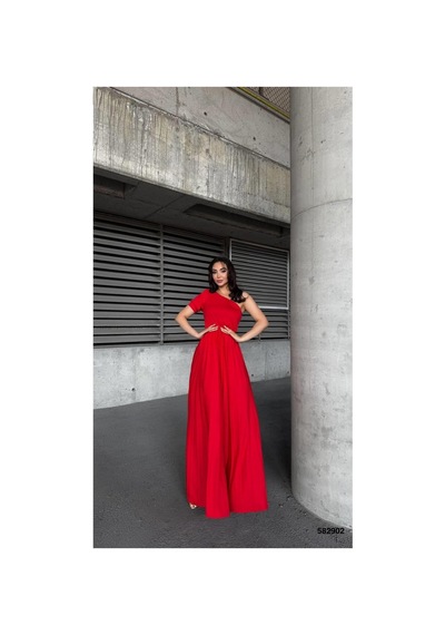 DefyModa Kadın İnce Krep Kumaş Tek Omuz Pile Detaylı Abiye Elbise Kırmızı