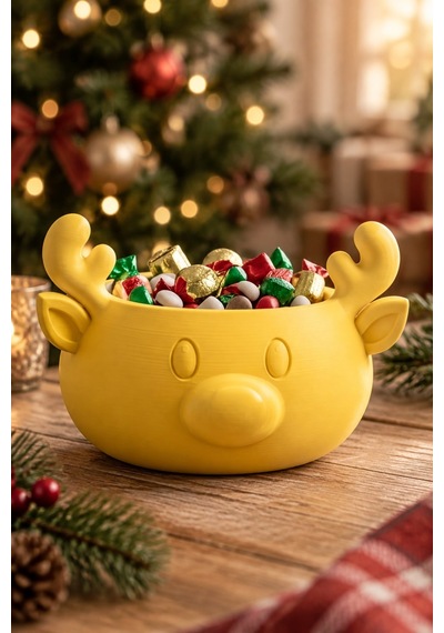 Sonbahar Ve Noel Temalı Ren Geyiği Figürlü Bowl - Sunum Kabı Sarı