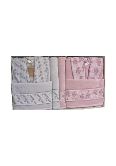 Fiore Line Gri Pembe Bambu Aile Bornoz Seti Bornoz Gri - Pembe