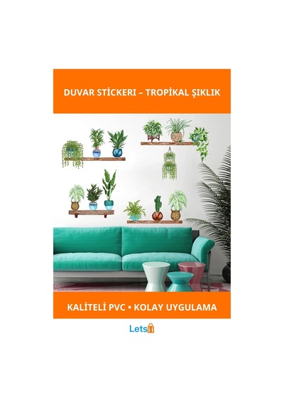 Yeşil Yapraklı Tropikal Bitkiler Duvar Stickerı 90x35 Cm 10 Adet Çok Renkli