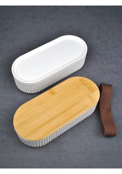 2'li Ahşap Kapaklı Lunch Box Saklama Kabı Ve Beslenme Kutusu - 2x500 Ml Krem