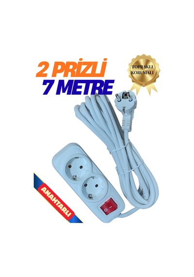 2 Prizli Grup Priz - 7 Metre Fiş Çoğaltıcı Topraklı Anahtarlı Düğmeli Çoklu Kablolu Uzatma Piriz Beyaz 6 - 8 M