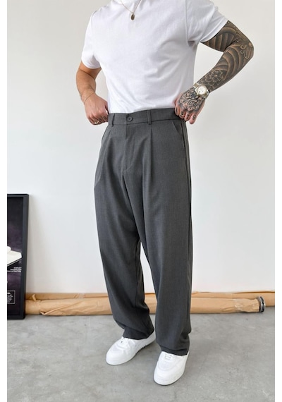 Koyu Gri Pileli Baggy Kumaş Pantolon