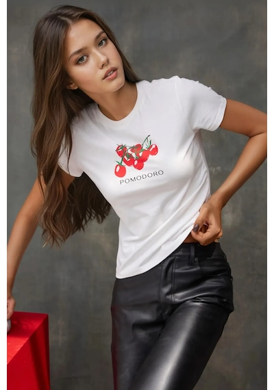 Hiccup Kadın Bisiklet Yaka Kısa Kollu Önü Baskılı Pamuklu T-shirt Kırmızı