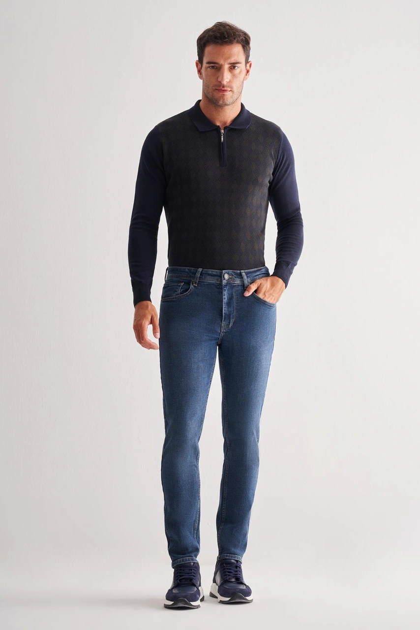 İmza Mavi Gabardin 5 Cep Düz Paça Casual Slim Fit Denim Pantolon 1023255152 Mavi