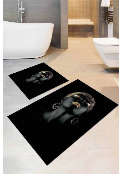 Siyah Zenci Kız Banyo Halısı Klozet 2'li Paspas Seti Bs029n11