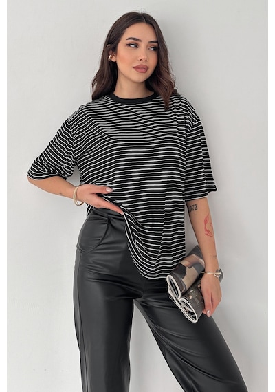 Noa & Noa Kadın Oversize Çizgili Tişört Monochrome Ease Siyah