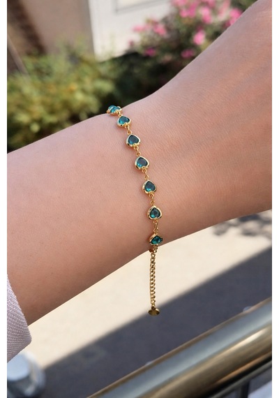 Kalpli Zirkon Taşlı Gold Renk Bileklik 18 Cm Mavi