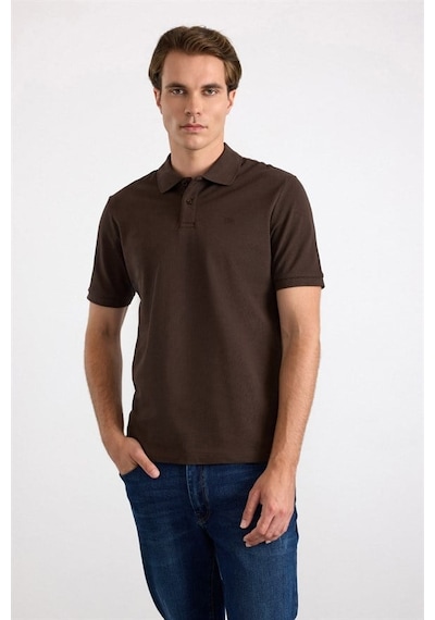 Süvari Koyu Kahve Regular Düz Nakışlı Pike Düğmeli Polo Yaka Tişört Ts1014000473-kh9