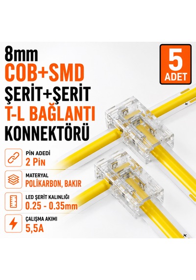 8mm Cob+smd Şerit+şerit T-l Bağlantı Konnektörü 5 Adet