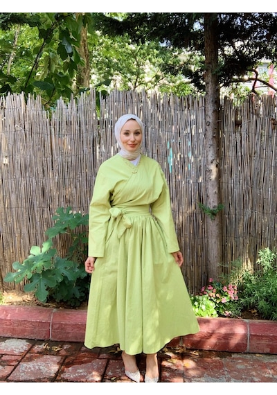 Butik Moda Etkm002 Üstü Bağlamalı Eteği Yandan Fermuarlı Takım F. Yeşili 001