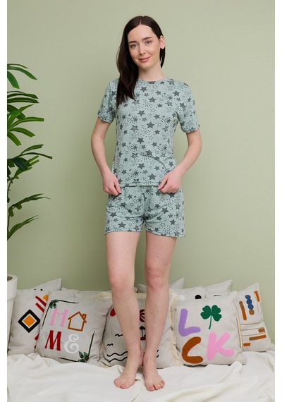 Fullamoda Yıldız Desenli Bisiklet Yaka Şortlu Pijama Takımı Haki