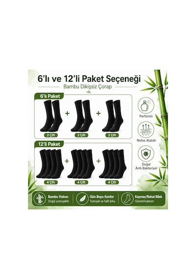 Genel Erkek Bambu Soket Çorap 6 Lı Paket, Dikişsiz Parfümlü Nefes Alan Yumuşak Nem Em Siyah 6'lı / 39-44