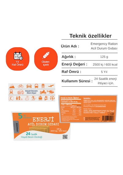 Ana Enerji Acil Durum Gıdası 125g 2500 Kj 1 Kişilik 24 Saatlik Besin Desteği