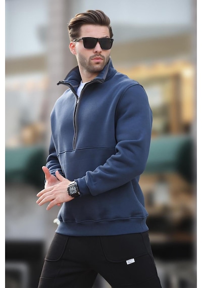 Madmext Lacivert Dik Yaka Yarım Fermuarlı Sweatshirt 7079 Lacivert