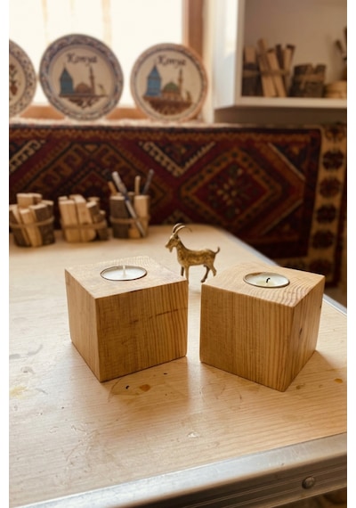 Doğal Masif Ahşap Küp Mumluk - 2'li Set Hediyelik Tealight Mum Tutucu Dekoratif Obje