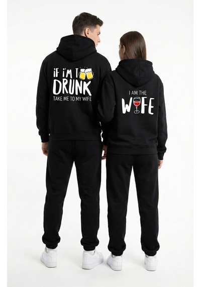 Nevermind Unisex Siyah Mizahi Yazı Baskılı Sevgili Kombini Oversize Hoodie Seti Siyah
